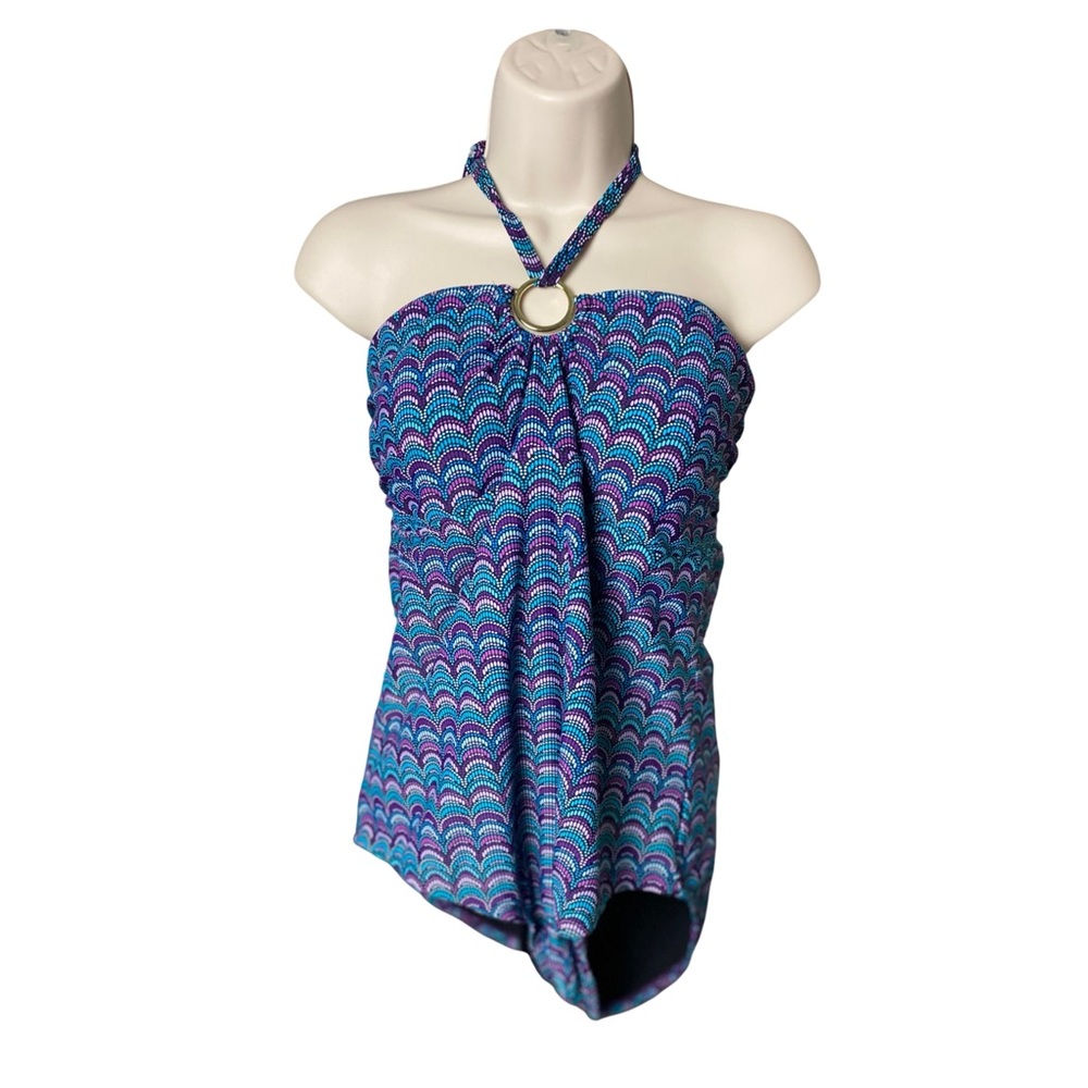 EUC Merona Swimsuit Scallop Print Purple Blue One Piece Gold Circle Halter SZ XL